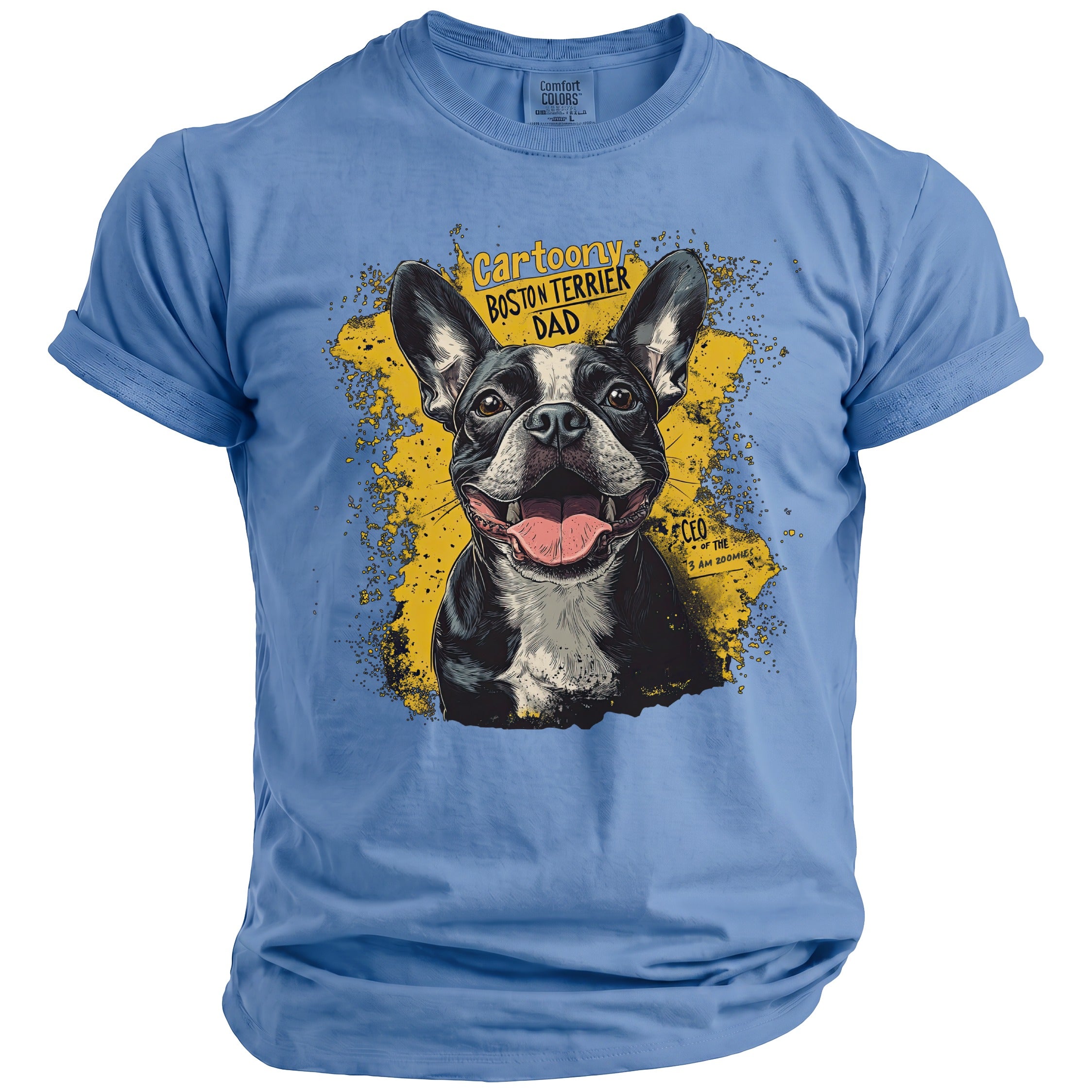 Blue t-shirt with a cartoon Boston Terrier graphic that says "Cartoony Boston Terrier Dad".