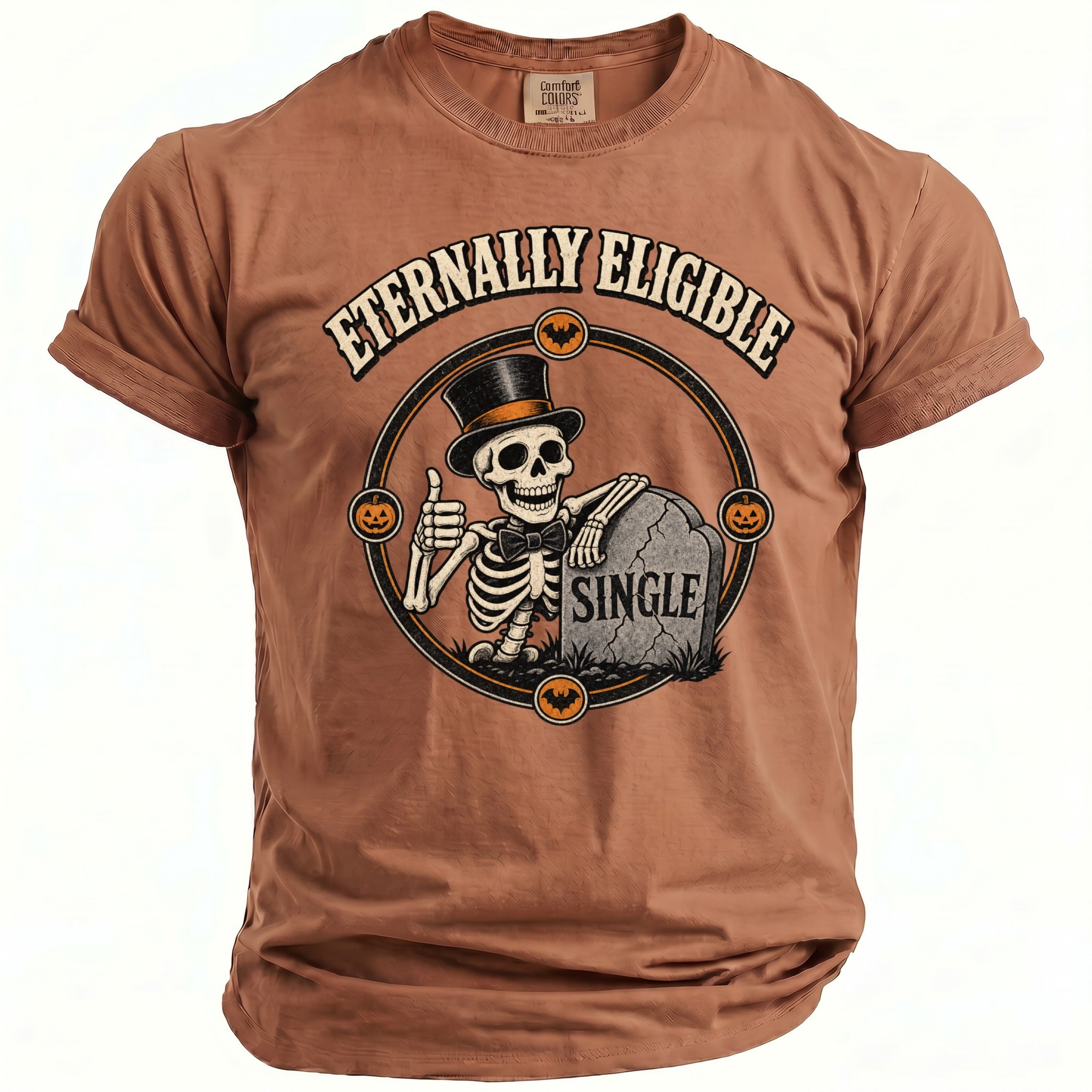 Brown t-shirt with skeleton, tombstone reading "SINGLE," and "ETERNALLY ELIGIBLE" text.