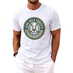 White t-shirt with "Same Hole Forever Bachelor Golf Weekend 2026" emblem.