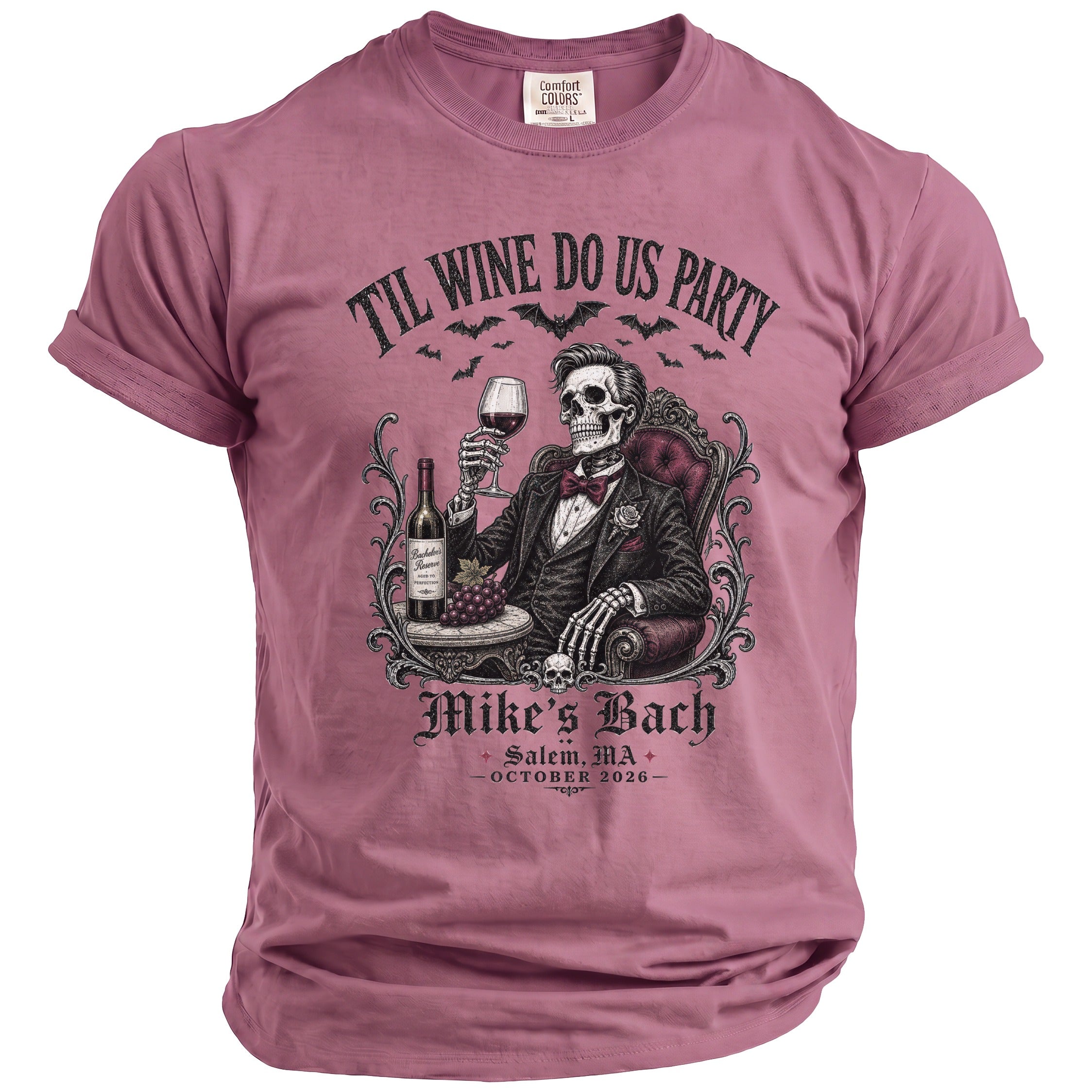 T-shirt with skeleton in suit, wine, grapes, and text "Til Wine Do Us Party".