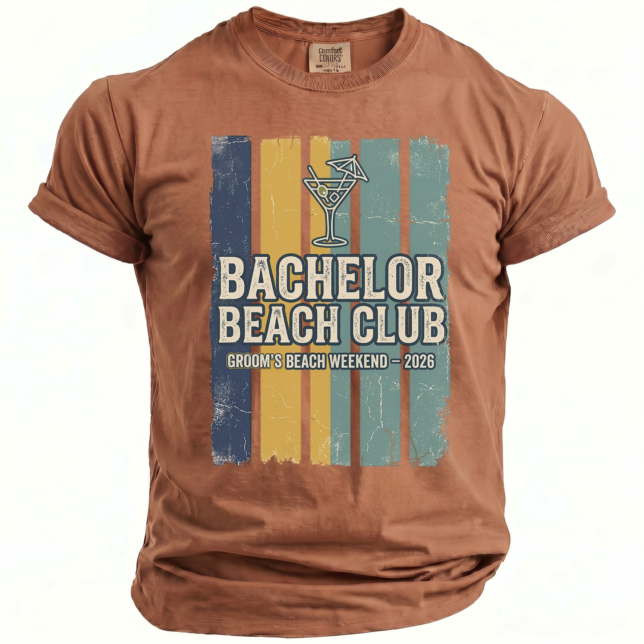Brown t-shirt with "Bachelor Beach Club Groom's Beach Weekend - 2026" text.
