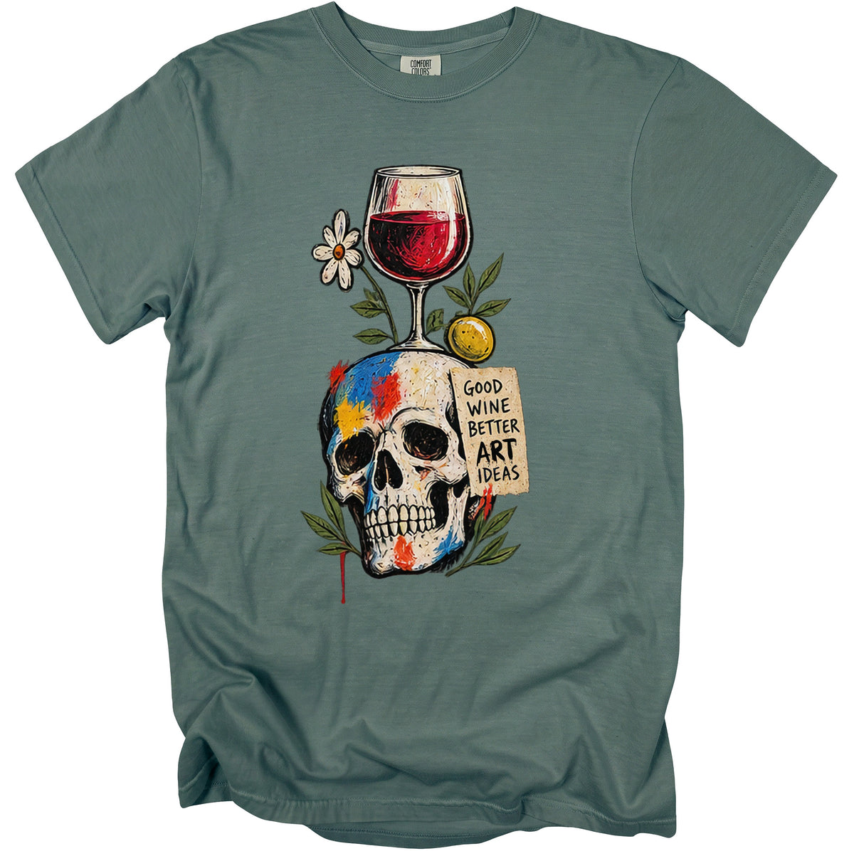 Skull with paint, wine glass, flower, and text "GOOD WINE BETTER ART IDEAS".