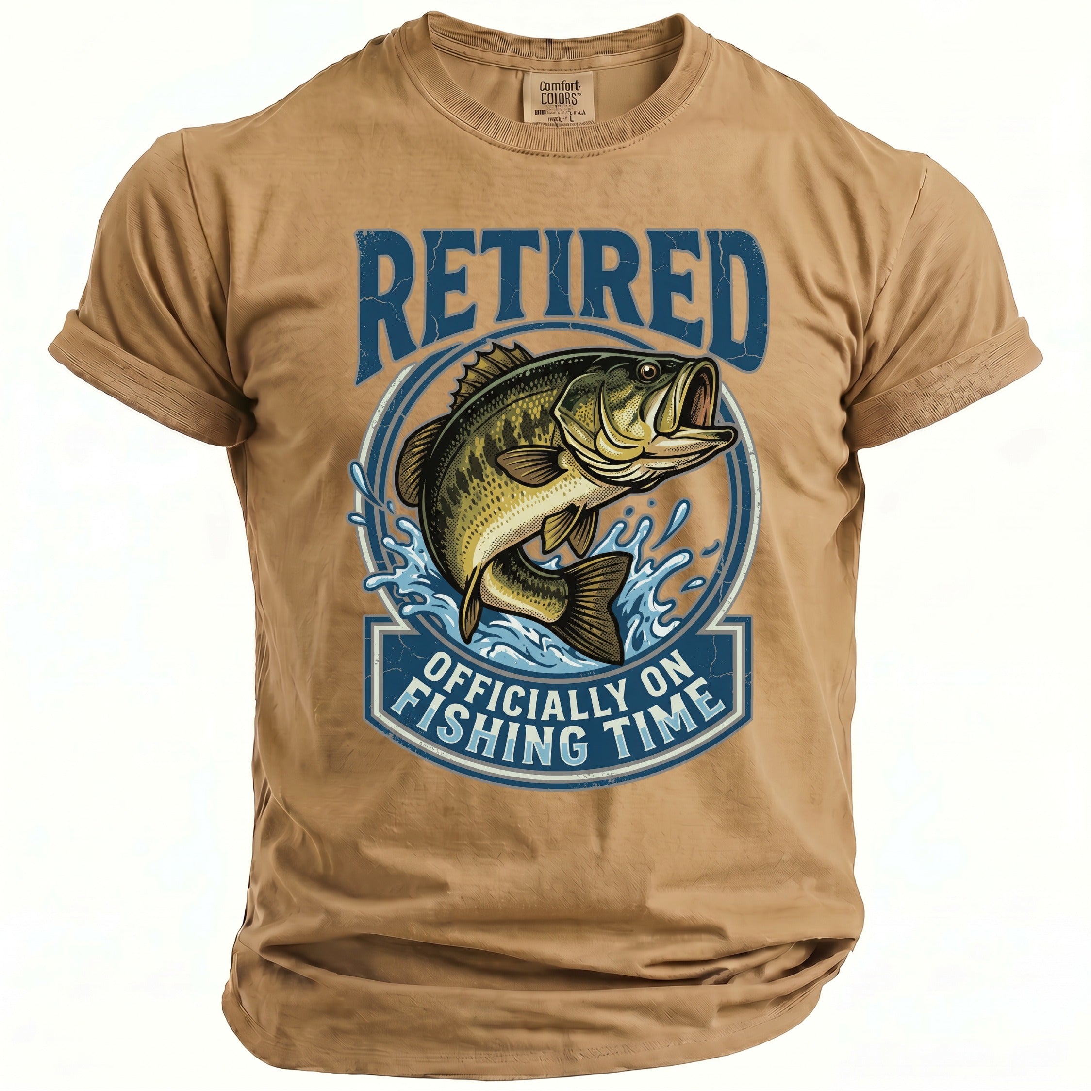 Tan t-shirt with graphic: "RETIRED OFFICIALLY ON FISHING TIME" and jumping bass.