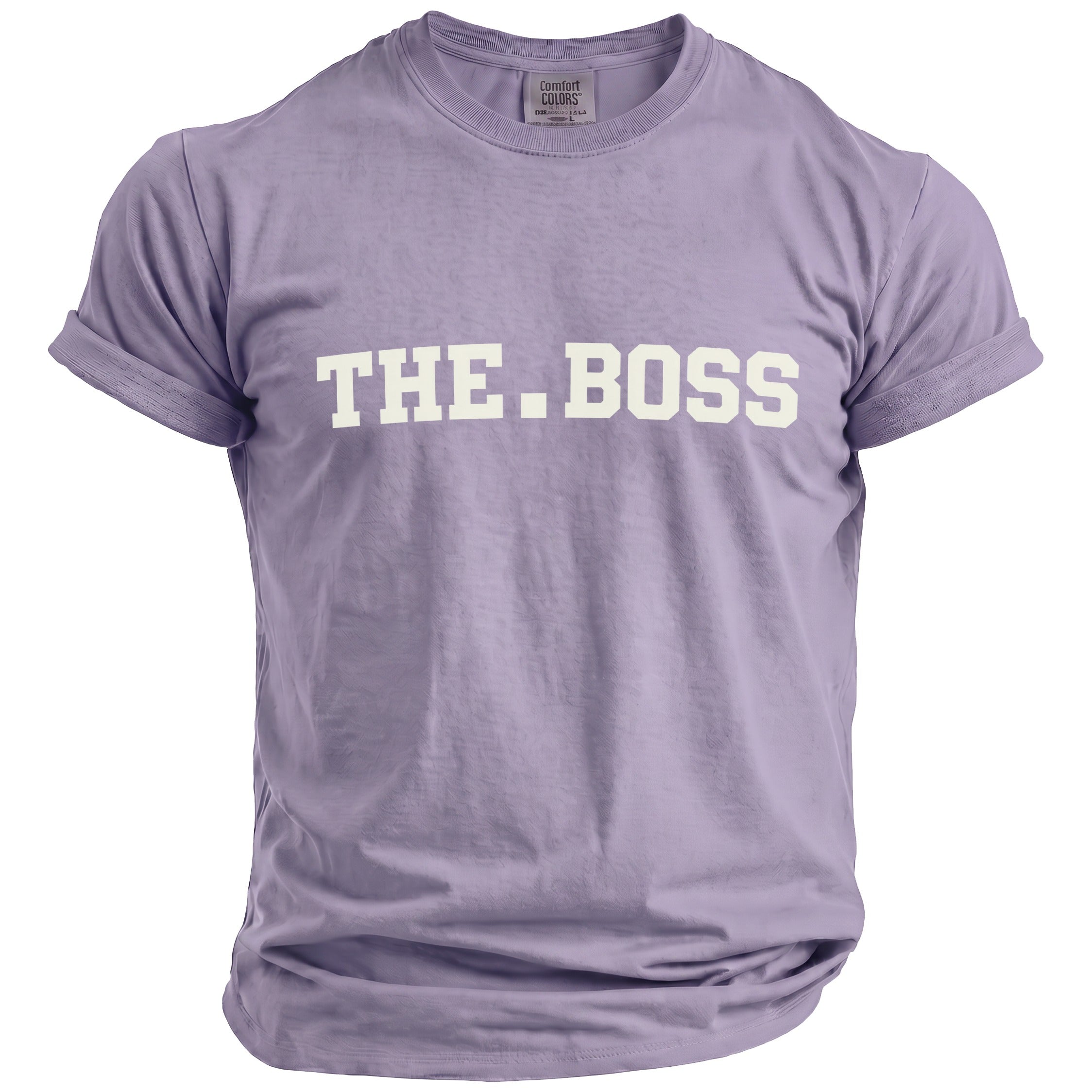 Purple t-shirt with "THE.BOSS" printed in off-white block letters.