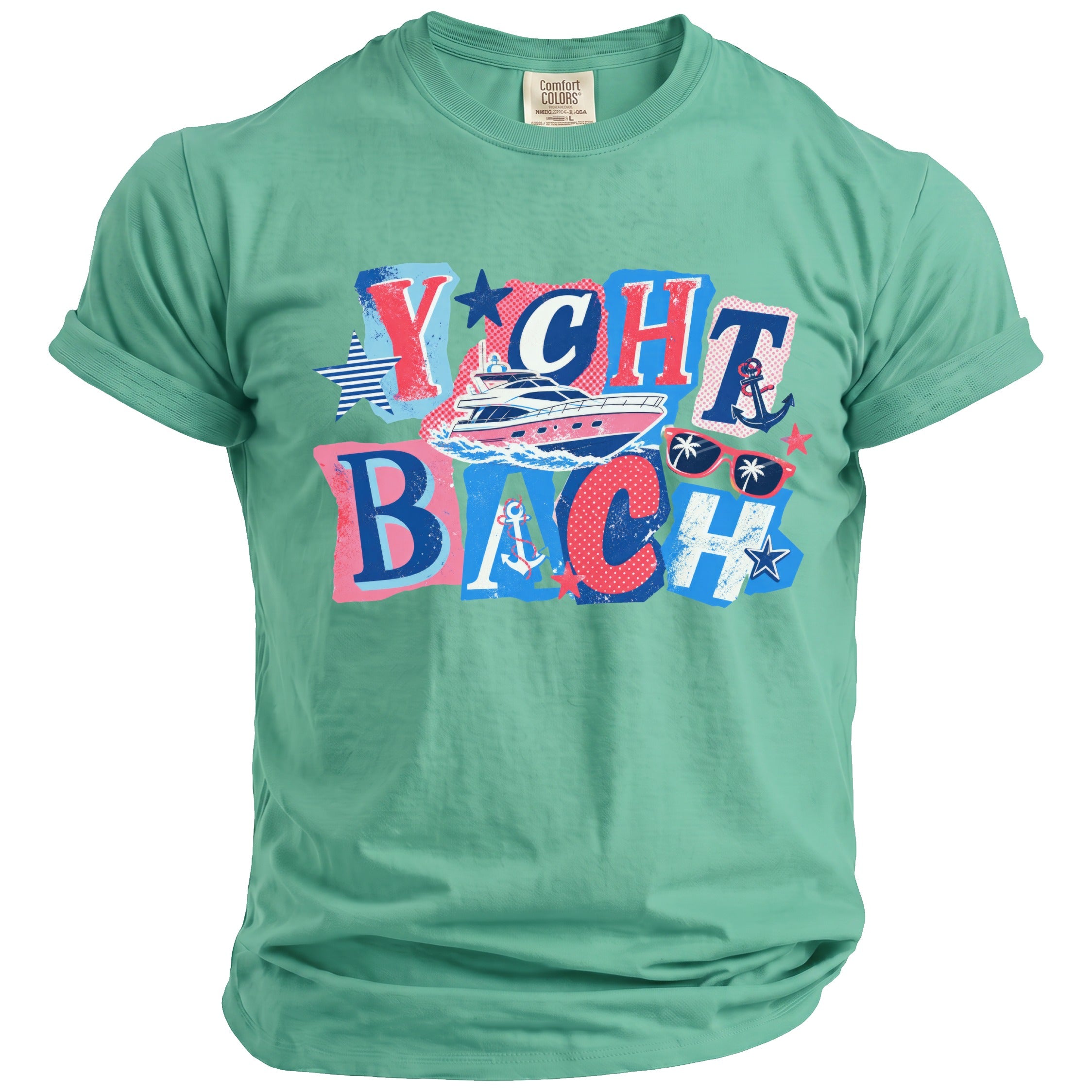 Mint green t-shirt with multicolored graphic text spelling Yacht Bach and nautical imagery on the chest.