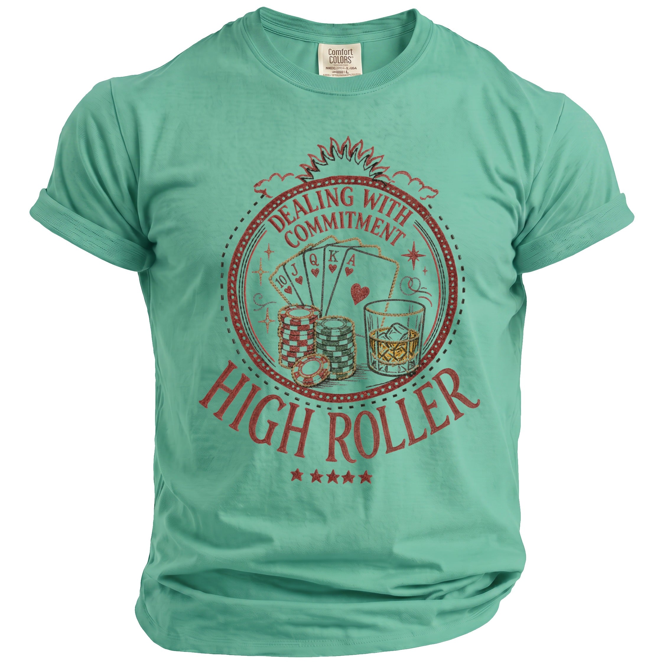 Green t-shirt with "Dealing with Commitment" and "High Roller" text and poker imagery.
