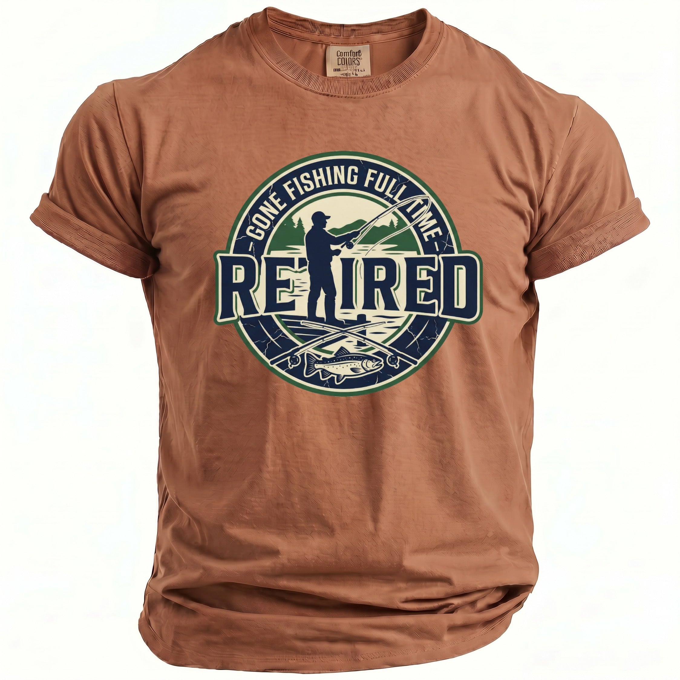 Brown t-shirt with graphic "Retired Gone Fishing Full Time" and a fisherman.