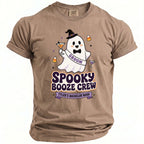 Brown t-shirt with a ghost wearing a witch hat, holding a martini, and a "Groom" sash. Text reads "Spooky Booze Crew Tyler's Bachelor Bash".