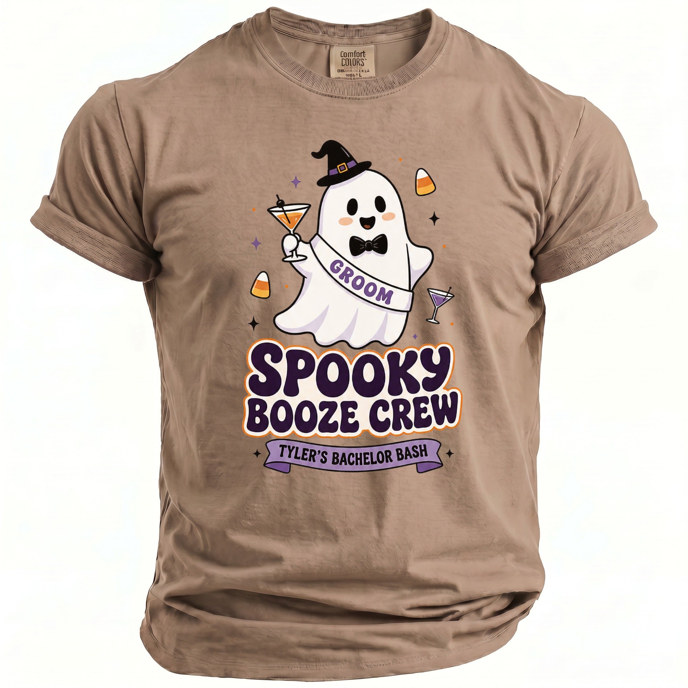 Brown t-shirt with a ghost wearing a witch hat, holding a martini, and a "Groom" sash. Text reads "Spooky Booze Crew Tyler's Bachelor Bash".
