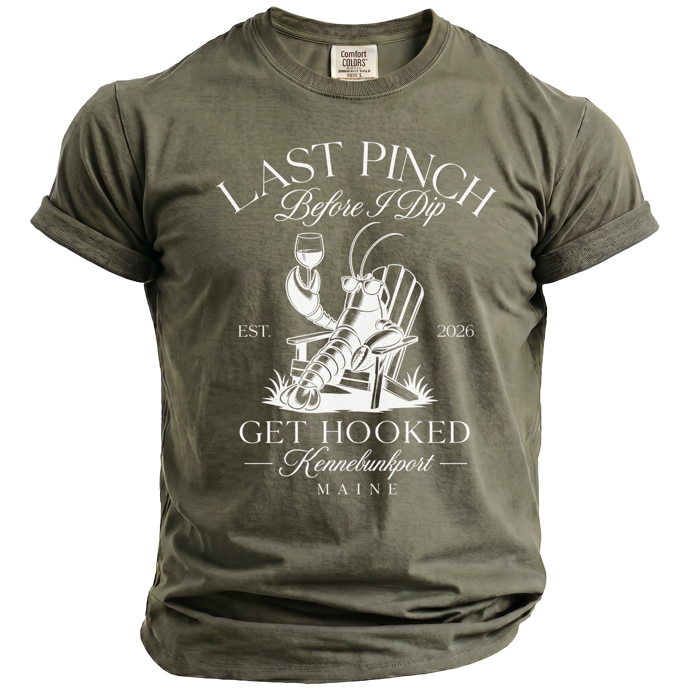 Olive t-shirt with lobster graphic and text "Last Pinch Before I Dip".