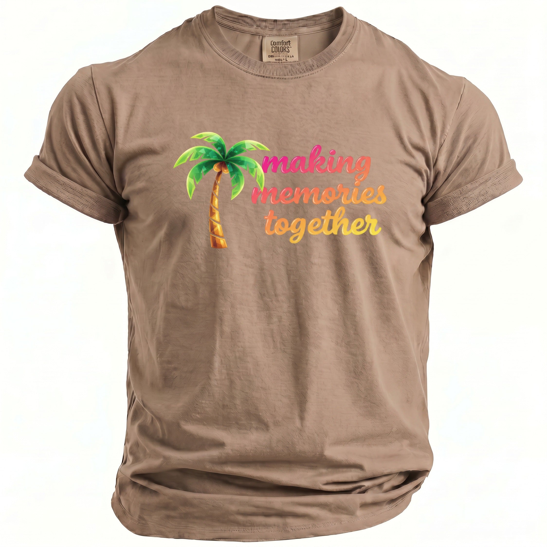 Brown t-shirt with a palm tree and text reading "making memories together".