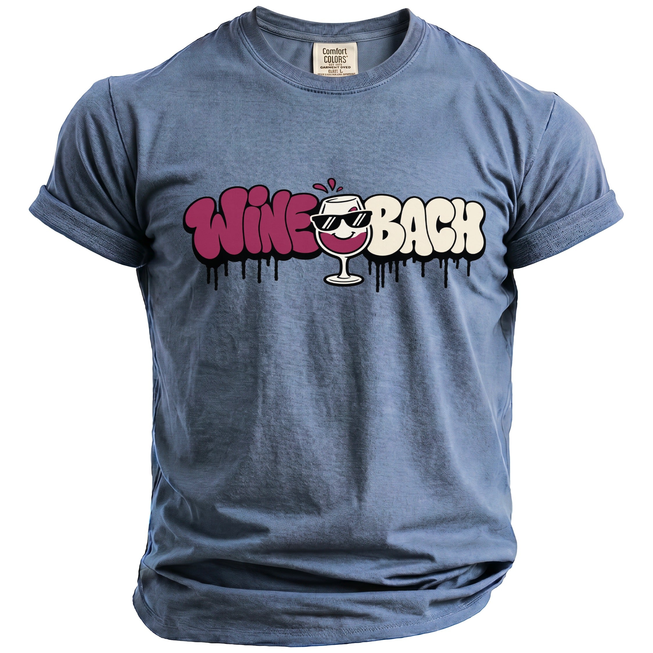 Blue t-shirt with "Wine Bach" text and a wine glass graphic.