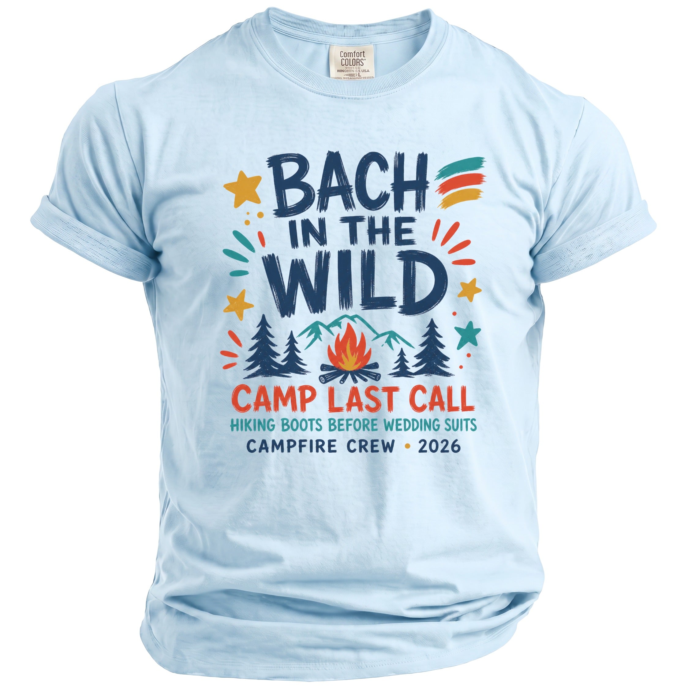 Light blue t-shirt with "Bach In The Wild" graphic, mountains, campfire, and text.