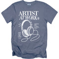 Blue t-shirt with "ARTIST AT WORK" and headphone graphic.