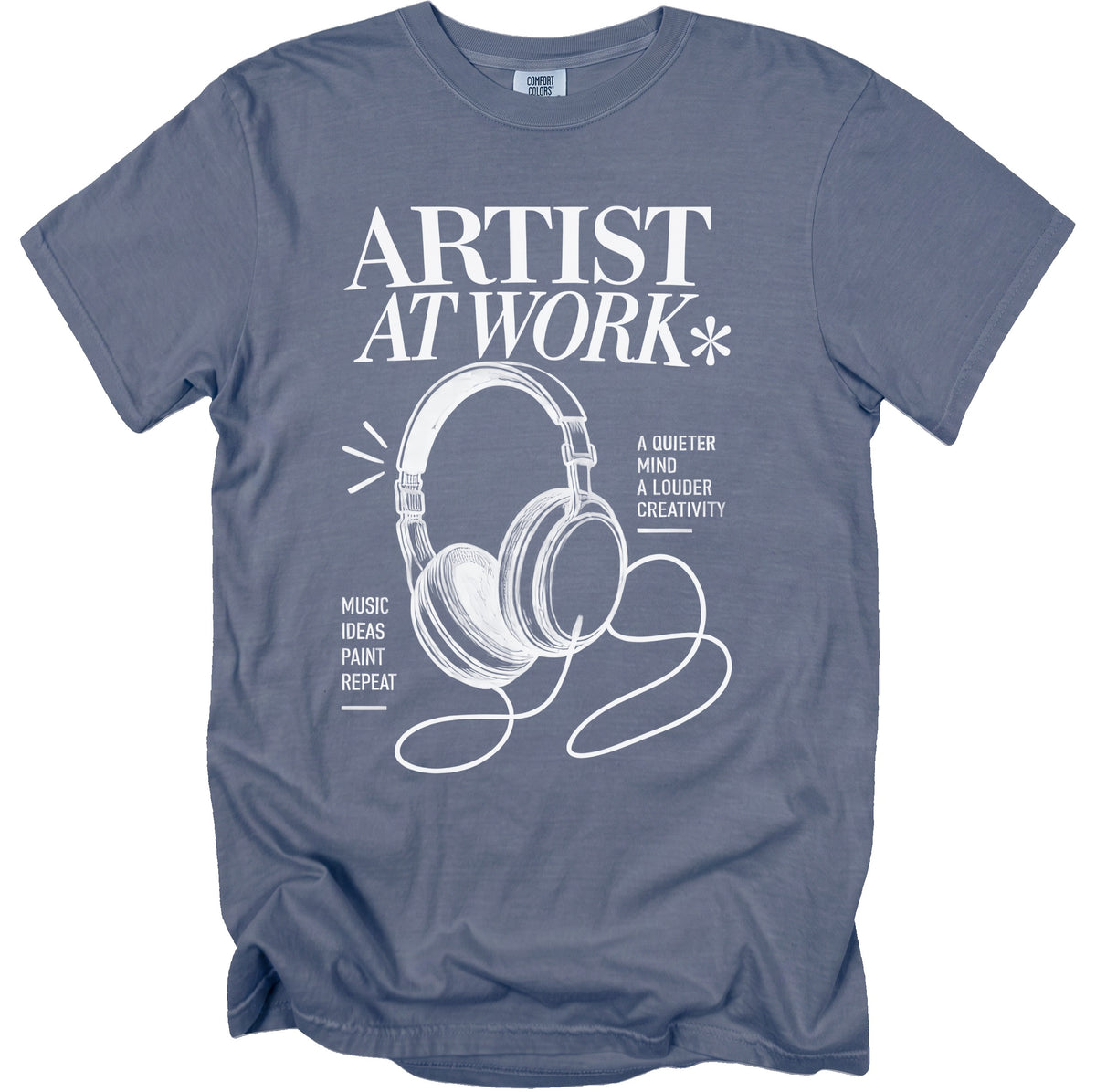 Blue t-shirt with "ARTIST AT WORK" and headphone graphic.