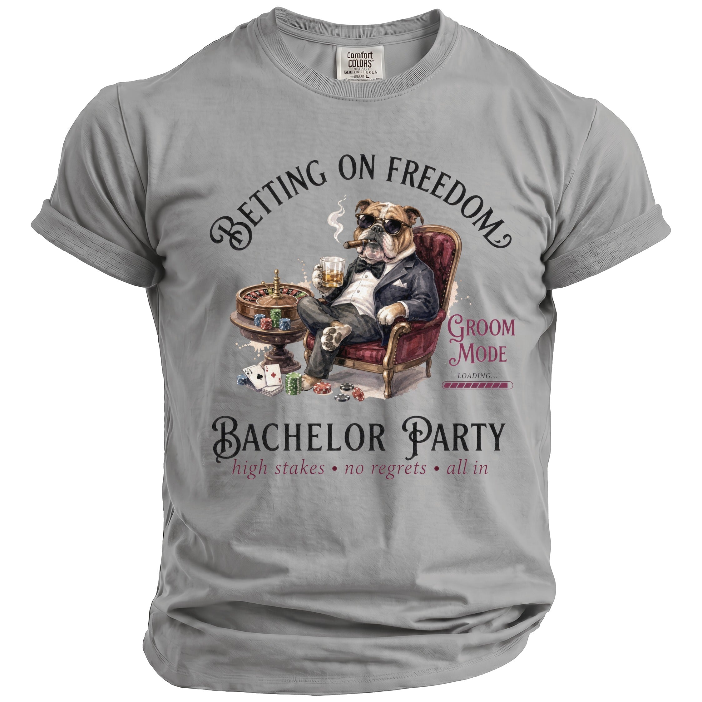 Grey t-shirt with a bulldog in a suit at a casino for a bachelor party.