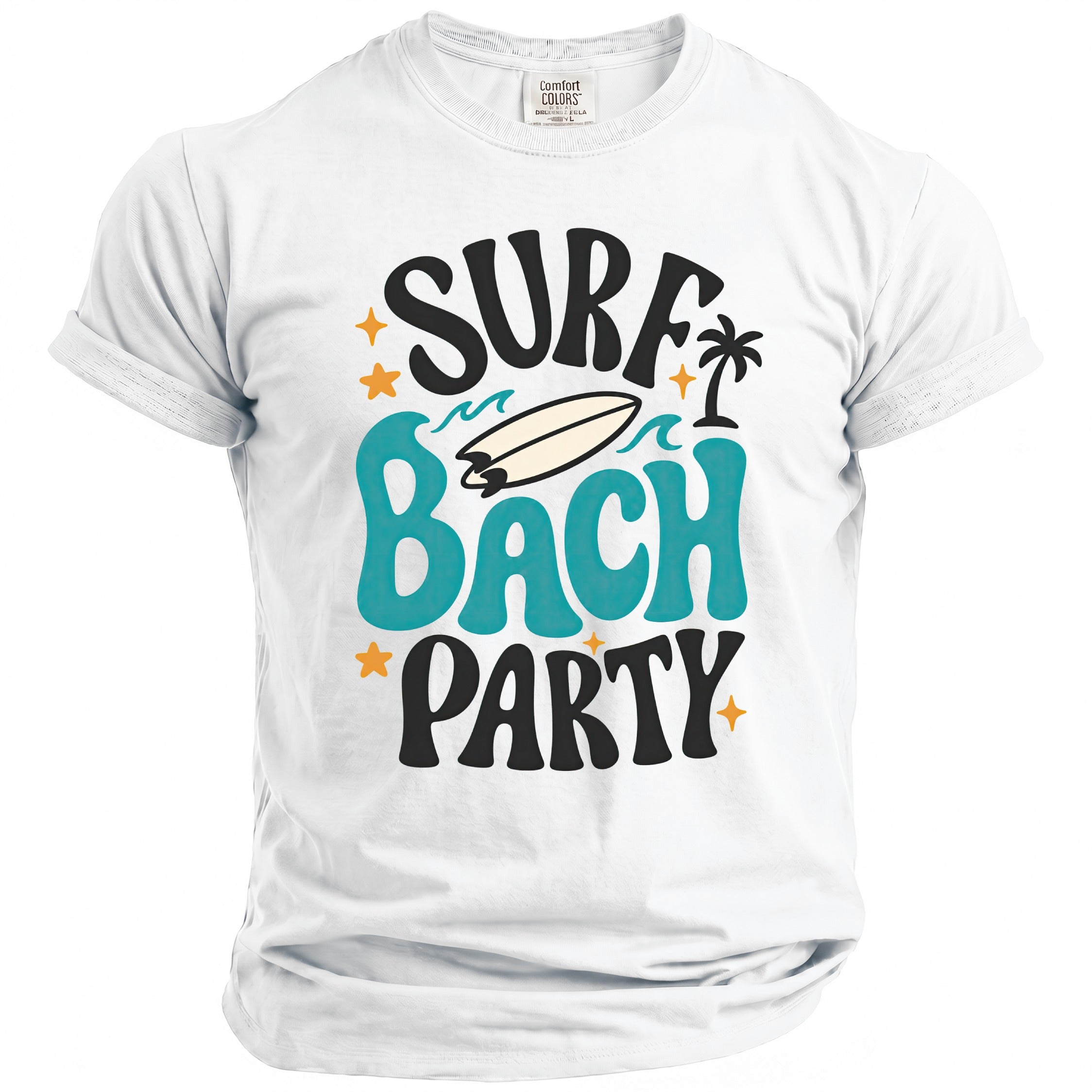 White t-shirt with "Surf Bach Party" graphic, including surfboard and palm tree.