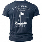 Navy t-shirt with "Last Swing Befor the Ring Kenneth Est. 2026 Miami, FL" text and golf graphic.