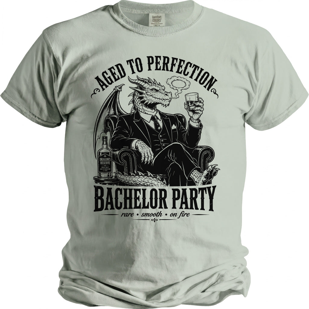 Dragon in suit with drink and "Bachelor Party" text; bottle labeled "Dragon's Reserve".