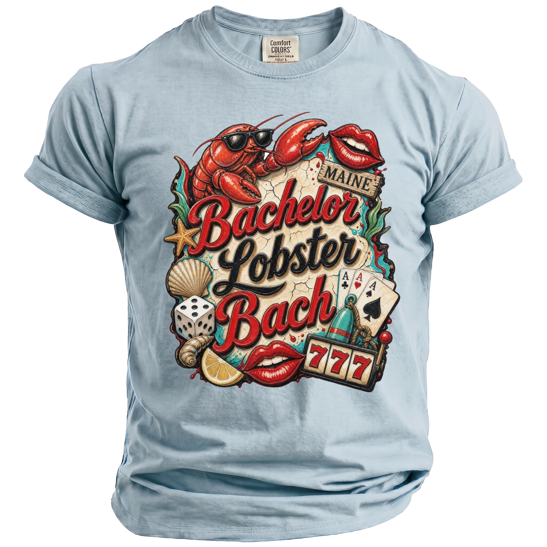 Light blue t-shirt with "Bachelor Lobster Bach Maine" graphic featuring a lobster, lips, dice, and cards.