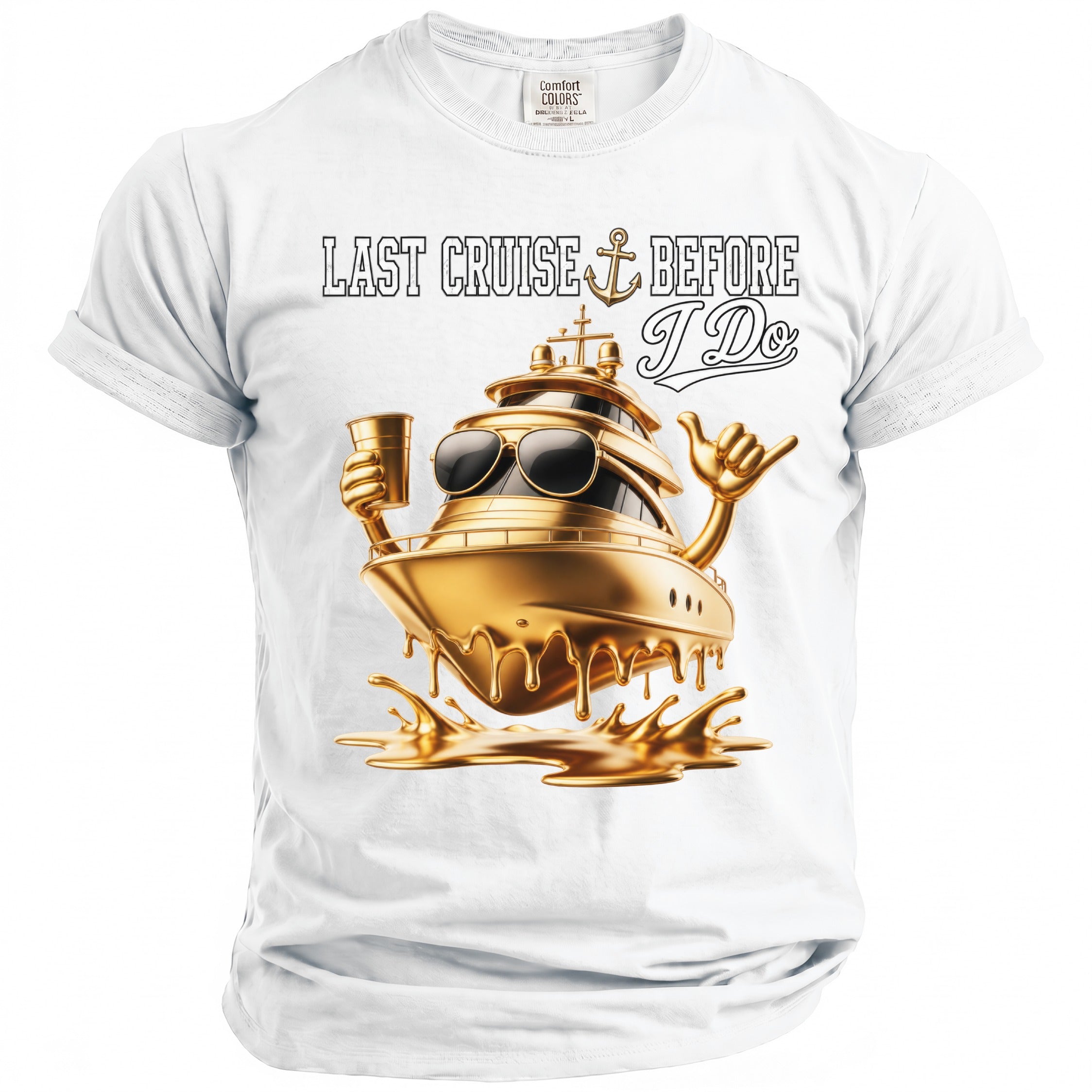 White t-shirt with gold yacht graphic and text "Last Cruise Before I Do".