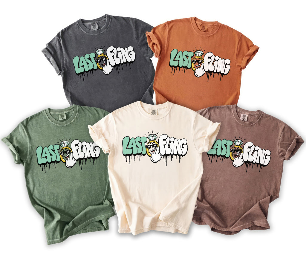Five t-shirts in different colors featuring "Last Fling" text with a wedding ring graphic.