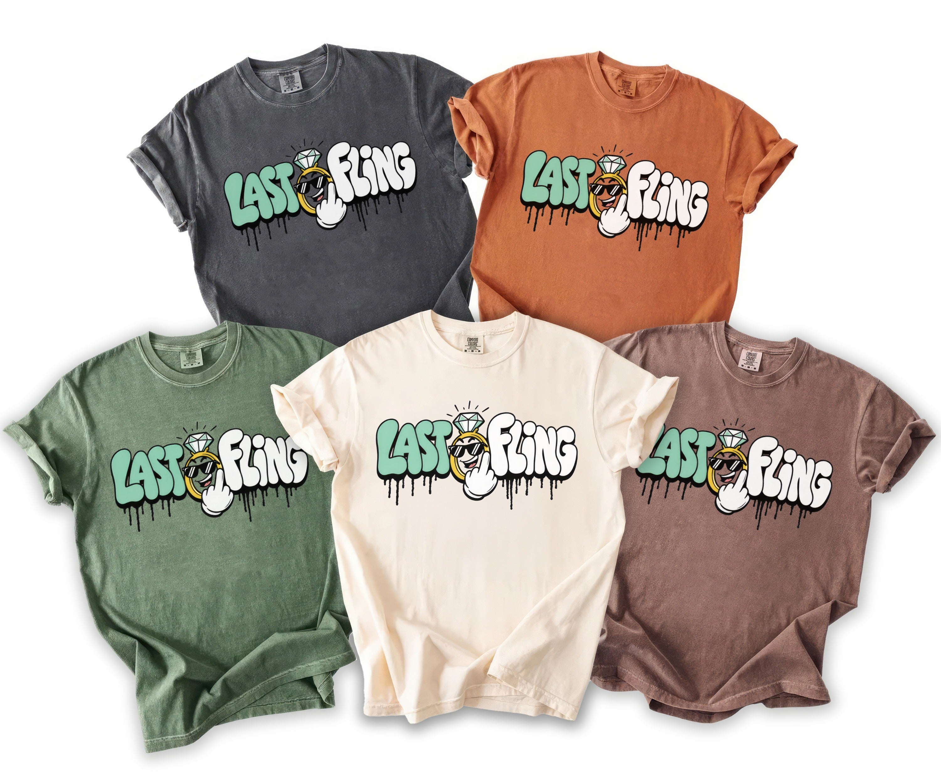 Five t-shirts in different colors featuring "Last Fling" text with a wedding ring graphic.