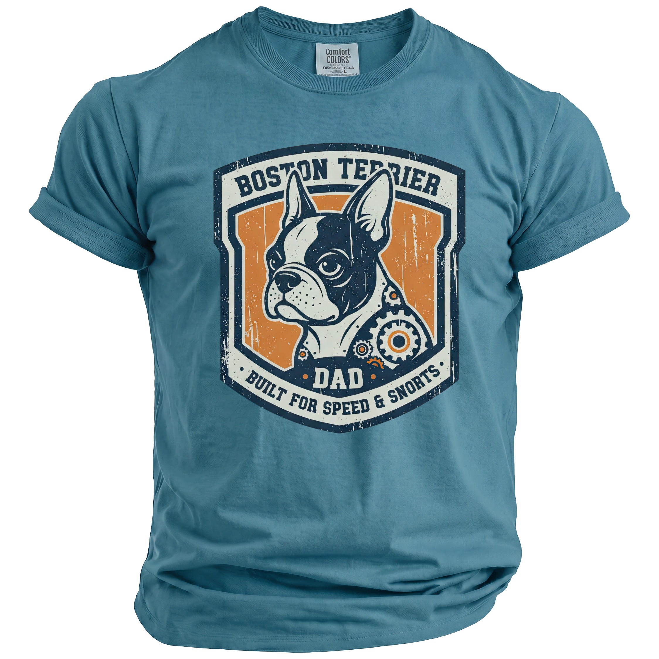 Boston Terrier dad shirt with gears graphic and text "Built for Speed & Snorts".