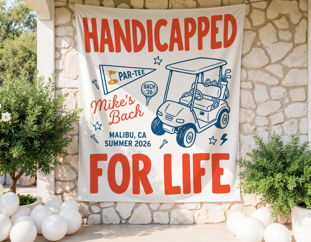 "Handicapped For Life" banner with golf cart, "Mike's Bach Malibu, CA Summer 2026".