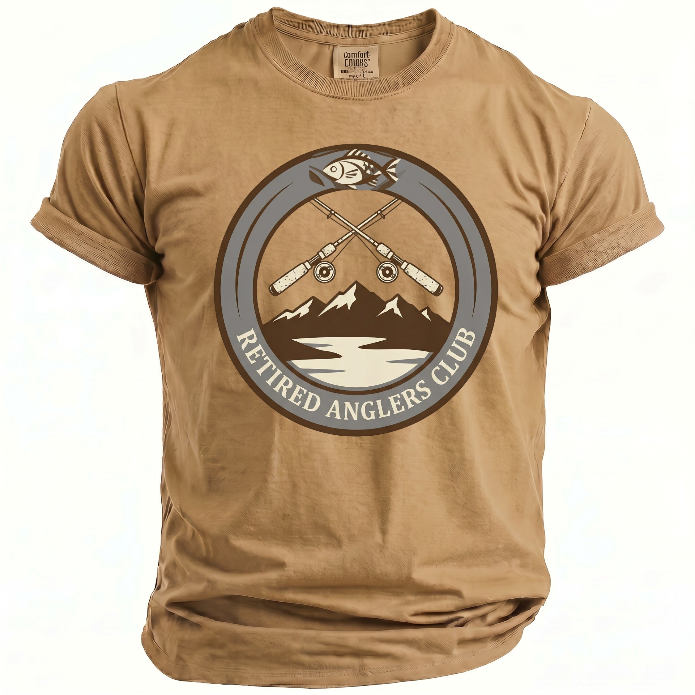 Tan t-shirt with a circular graphic of fishing rods, mountains, and the text "Retired Anglers Club."