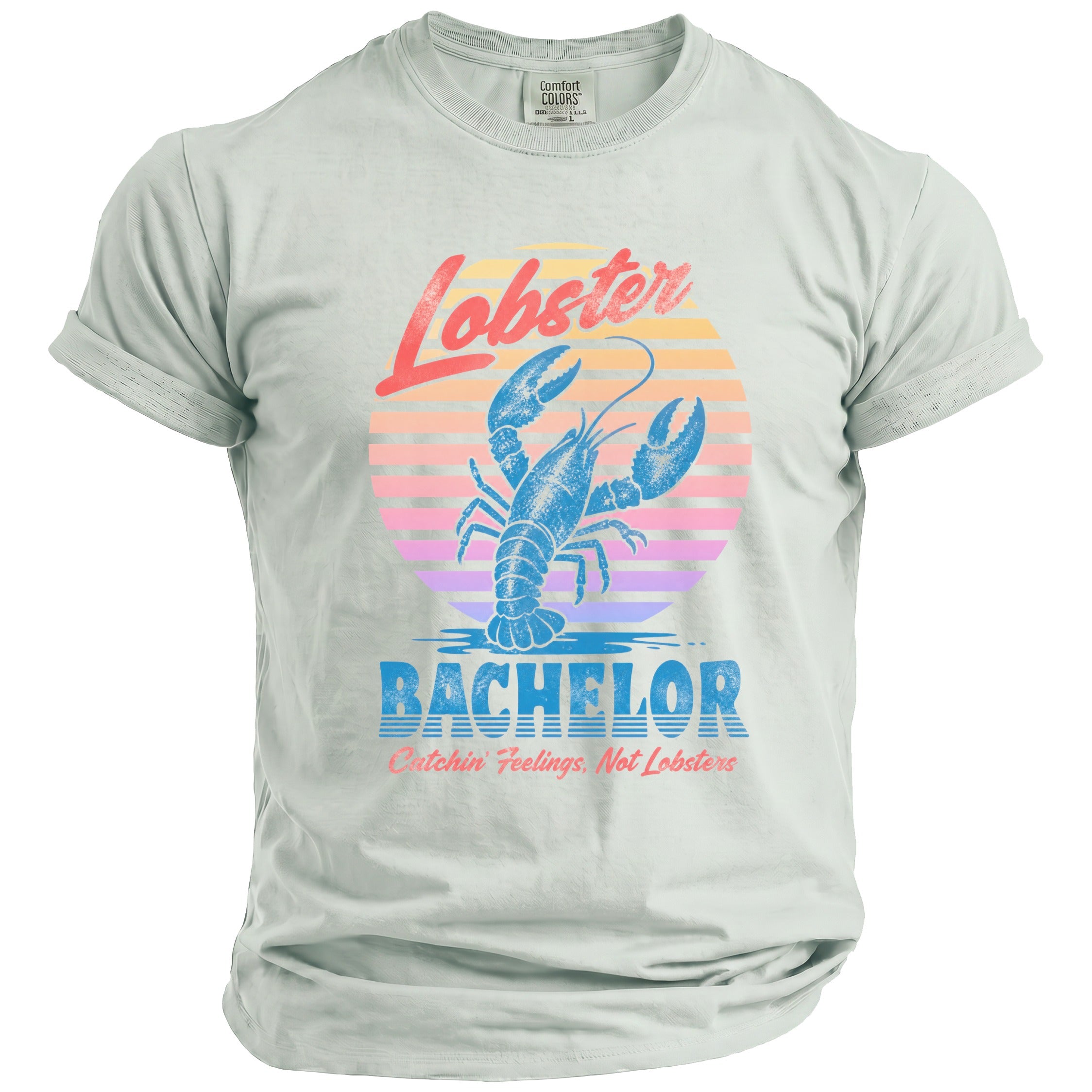 Light green t-shirt with lobster graphic and text "Lobster Bachelor Catchin' Feelings, Not Lobsters".