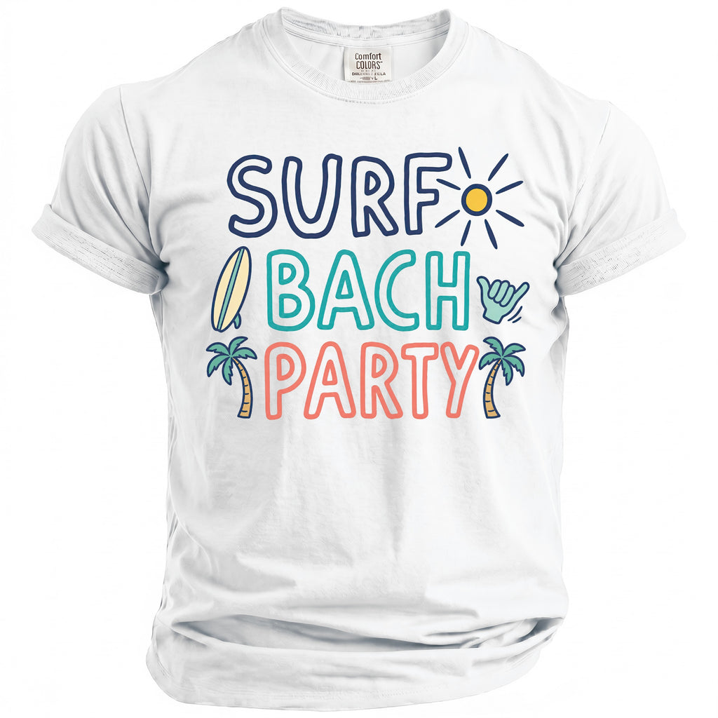White t-shirt with "SURF BACH PARTY" text, surfboards, palm trees, and sun.