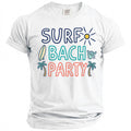 White t-shirt with "SURF BACH PARTY" text, surfboards, palm trees, and sun.
