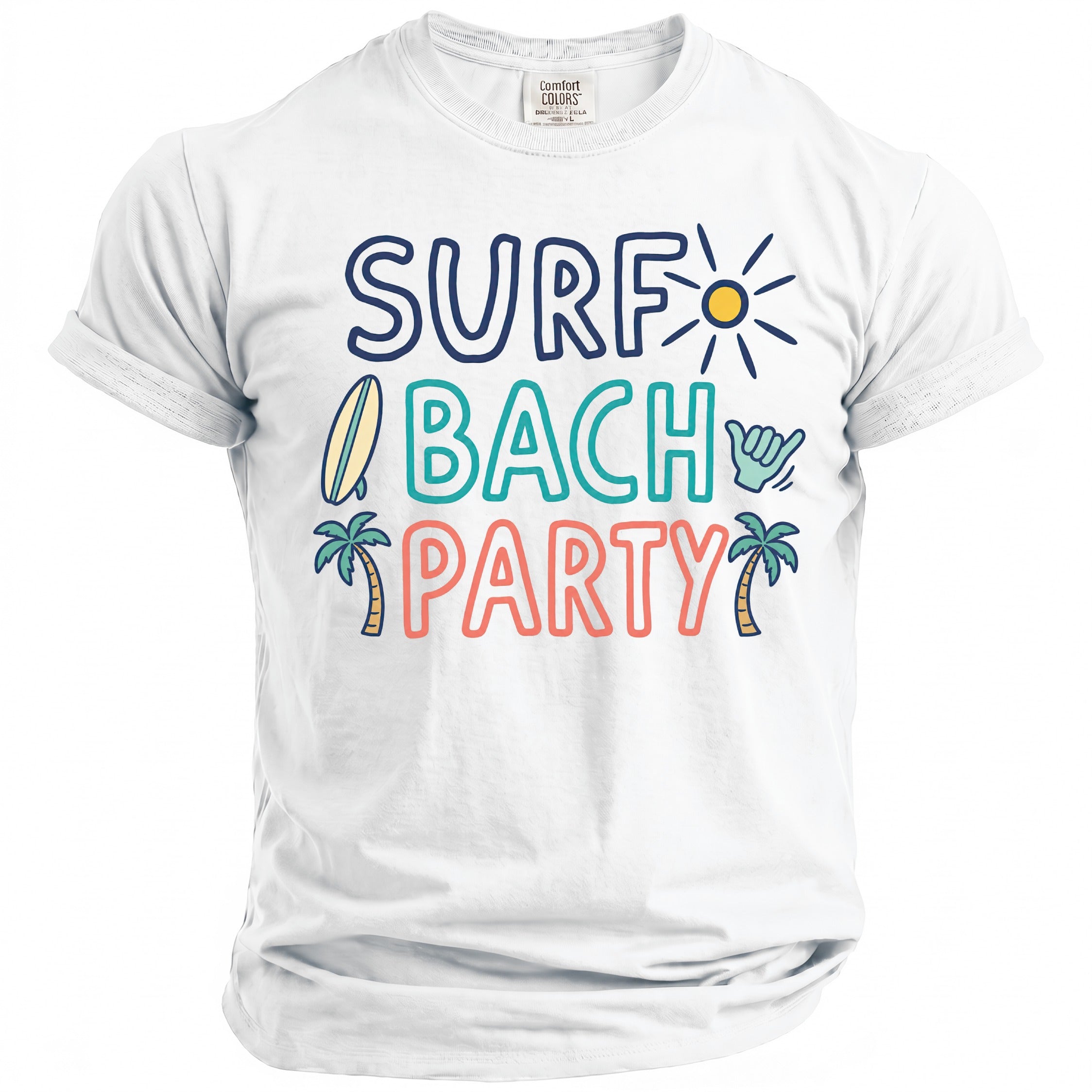 White t-shirt with "SURF BACH PARTY" text, surfboards, palm trees, and sun.