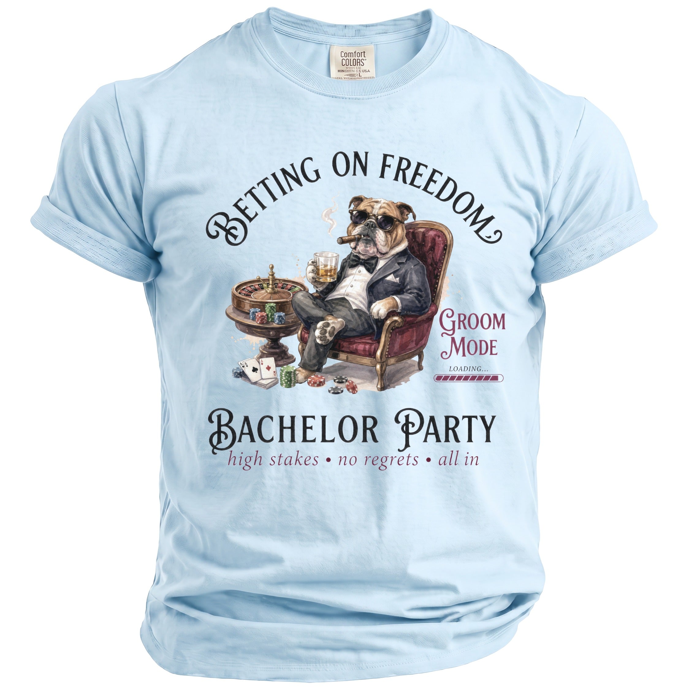 Light blue t-shirt with bulldog in suit, smoking, holding drink by roulette table.
