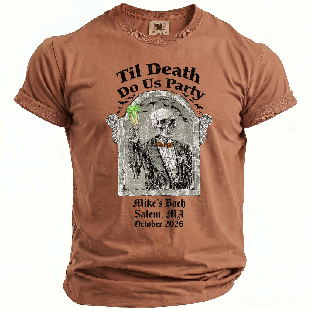 Brown t-shirt with "Til Death Do Us Party" and skeleton graphic.