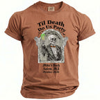 Brown t-shirt with "Til Death Do Us Party" and skeleton graphic.