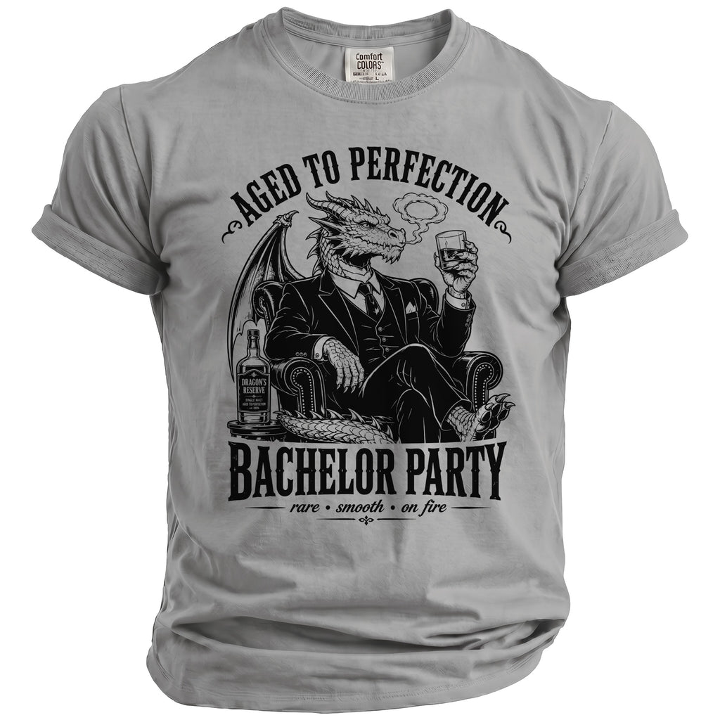 Dragon in suit smoking and drinking, "Aged to Perfection Bachelor Party" text.