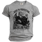 Dragon in suit smoking and drinking, "Aged to Perfection Bachelor Party" text.