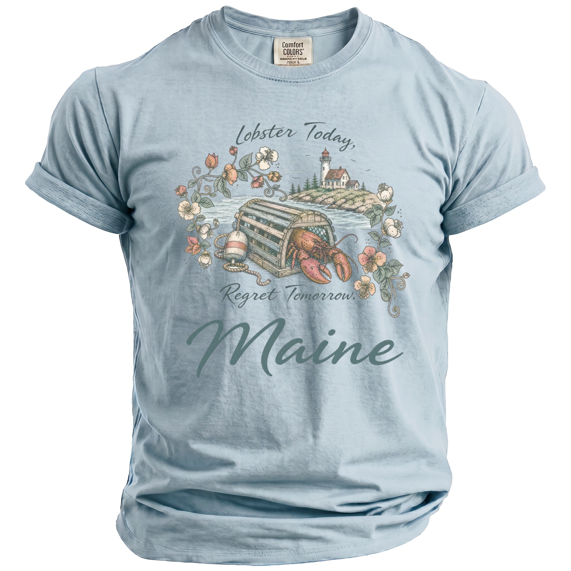 Light blue t-shirt with illustration of lobster trap, lighthouse, and text "Maine".
