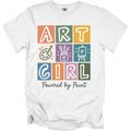White t-shirt with colorful blocks spelling "ART GIRL" and "Powered by Paint" text.