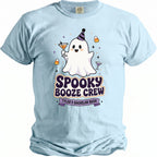 Light blue t-shirt with a cartoon ghost holding a drink, text "Spooky Booze Crew" and "Tyler's Bachelor Bash".