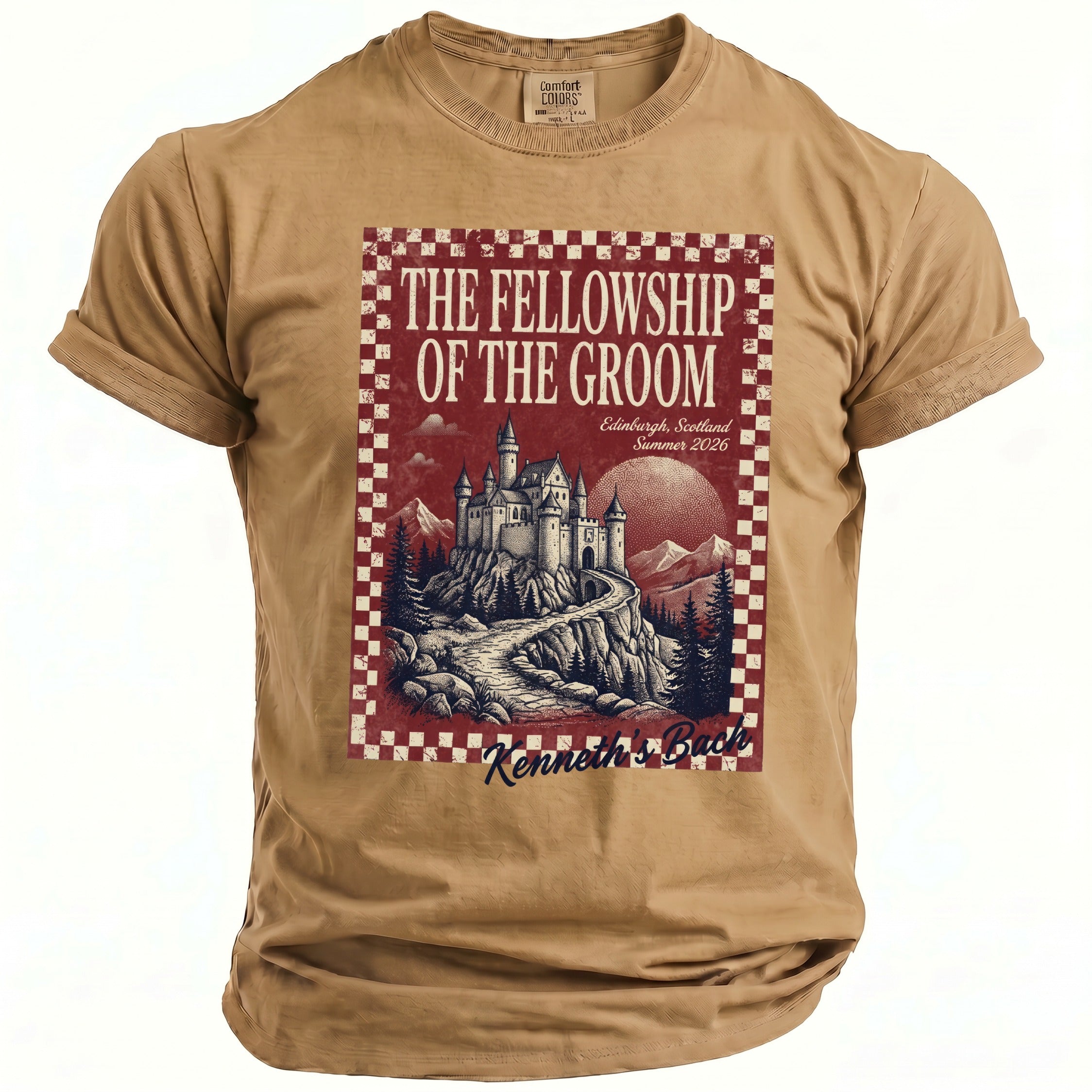 T-shirt with "The Fellowship of the Groom" design featuring a castle.