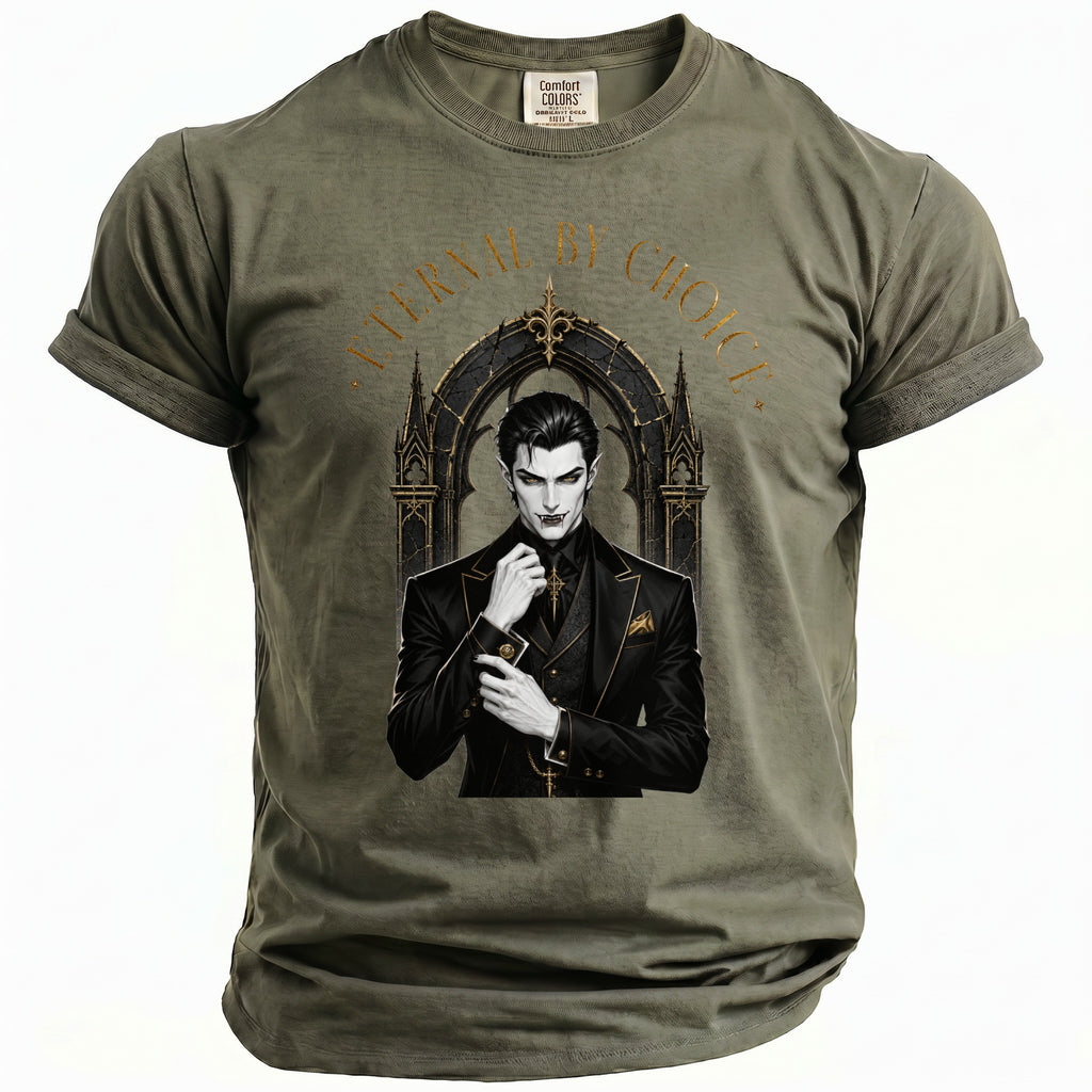 T-shirt with vampire artwork and gold text "ETERNAL BY CHOICE".