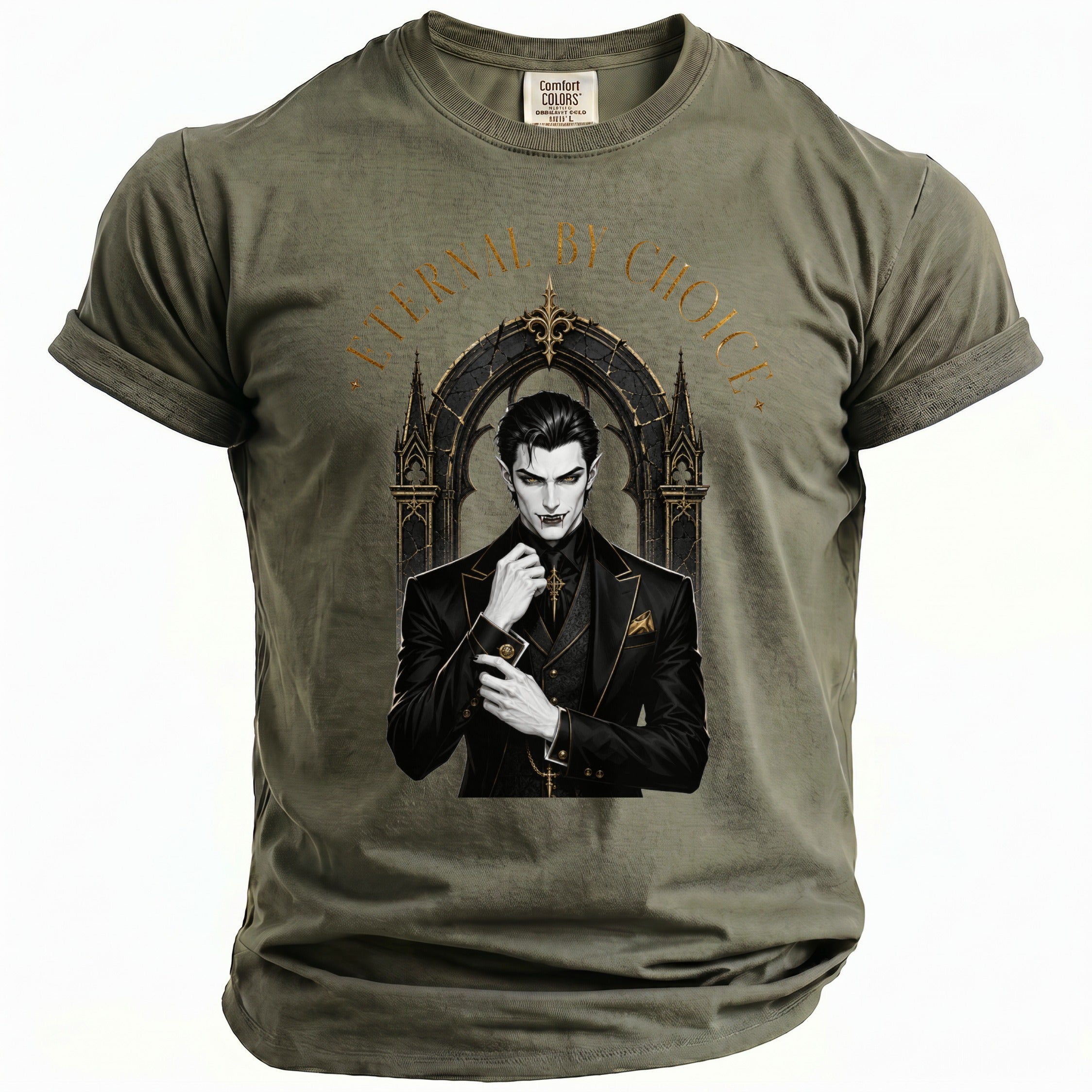 T-shirt with vampire artwork and gold text "ETERNAL BY CHOICE".