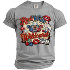 Grey t-shirt with "Red White Wildcard" graphic, eagle, dice, and playing cards.