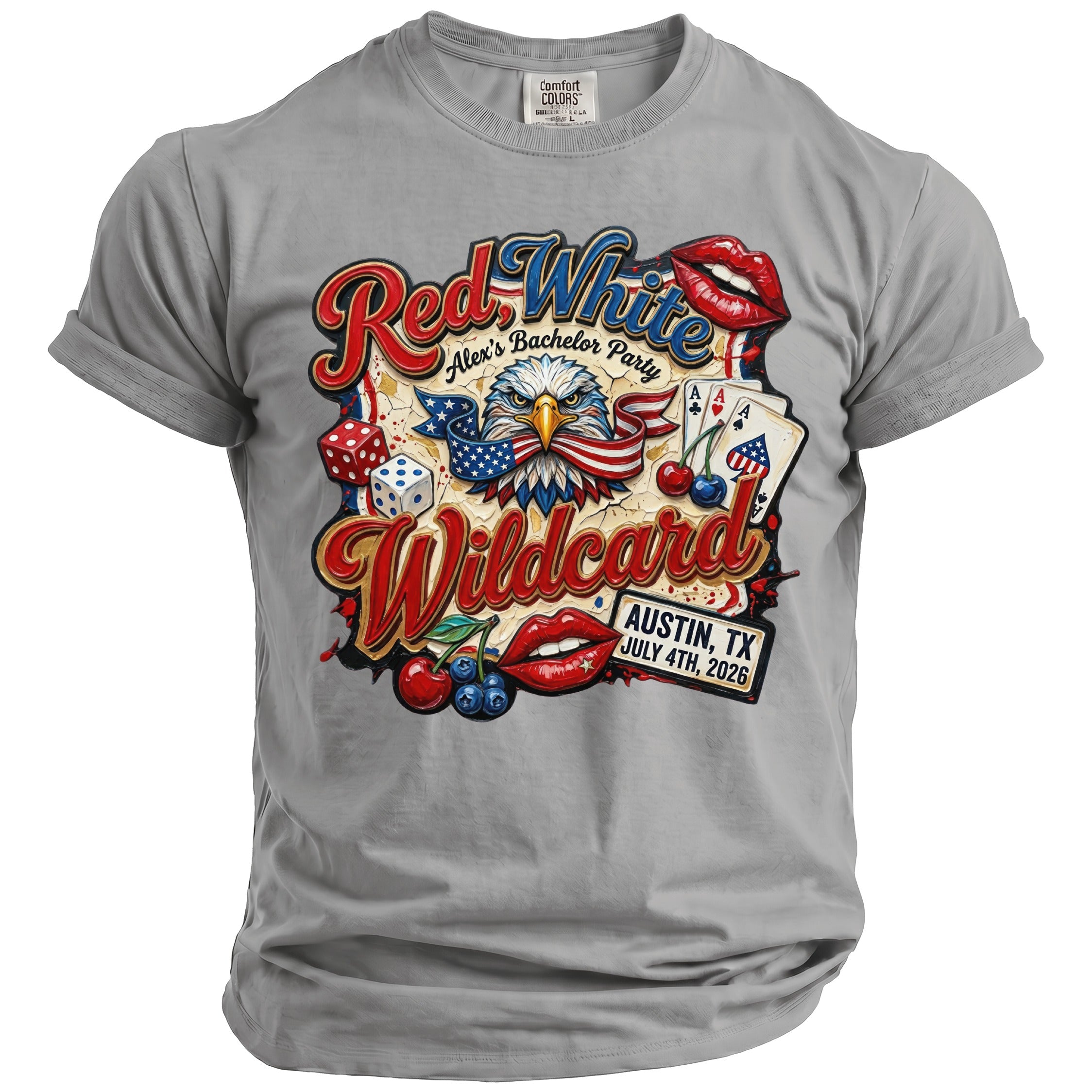 Grey t-shirt with "Red White Wildcard" graphic, eagle, dice, and playing cards.
