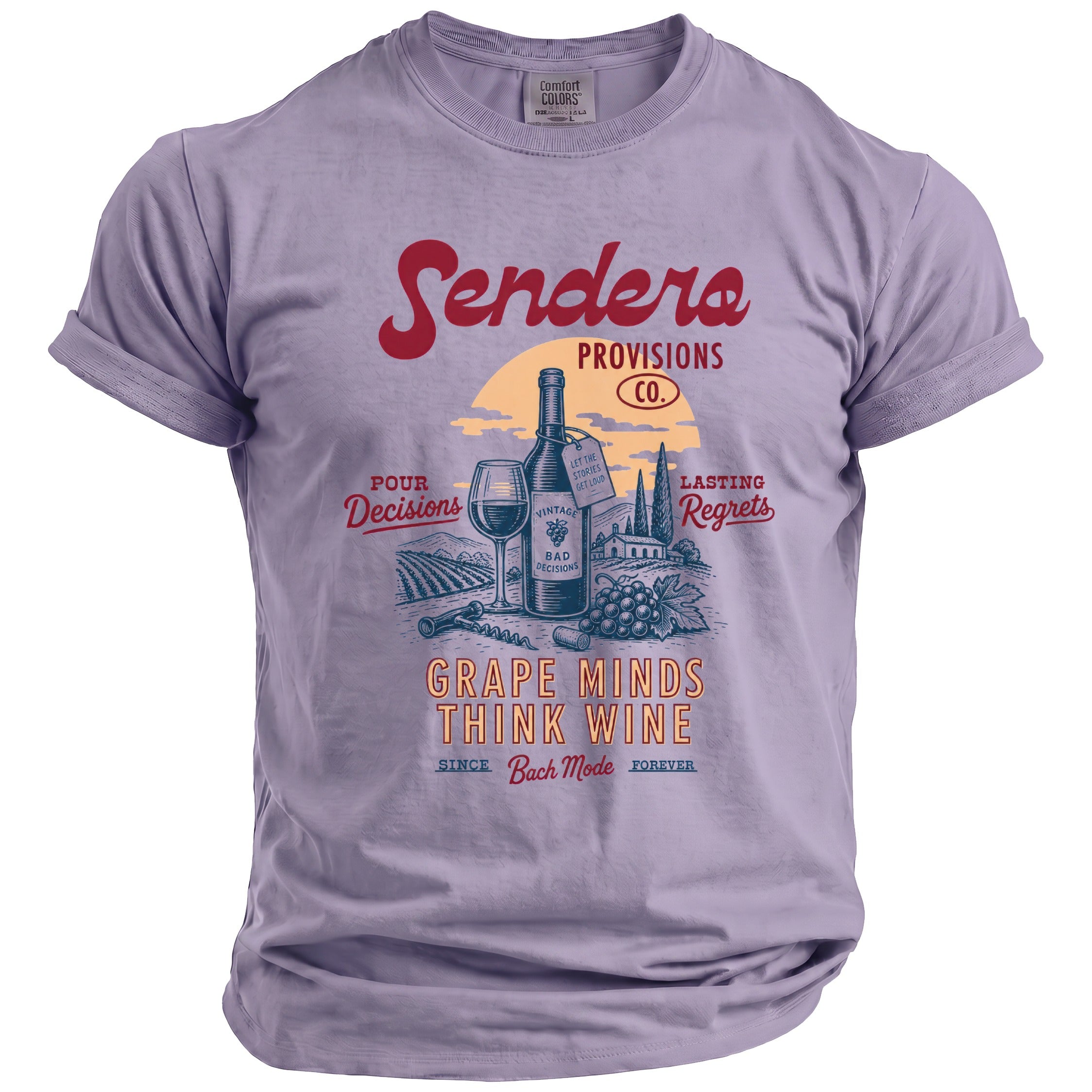 Purple t-shirt with "Sendera Provisions Co." and "Grape Minds Think Wine" graphic.