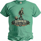 Green t-shirt with illustration of man chained to wedding rings, reading "Dead Man Walking".