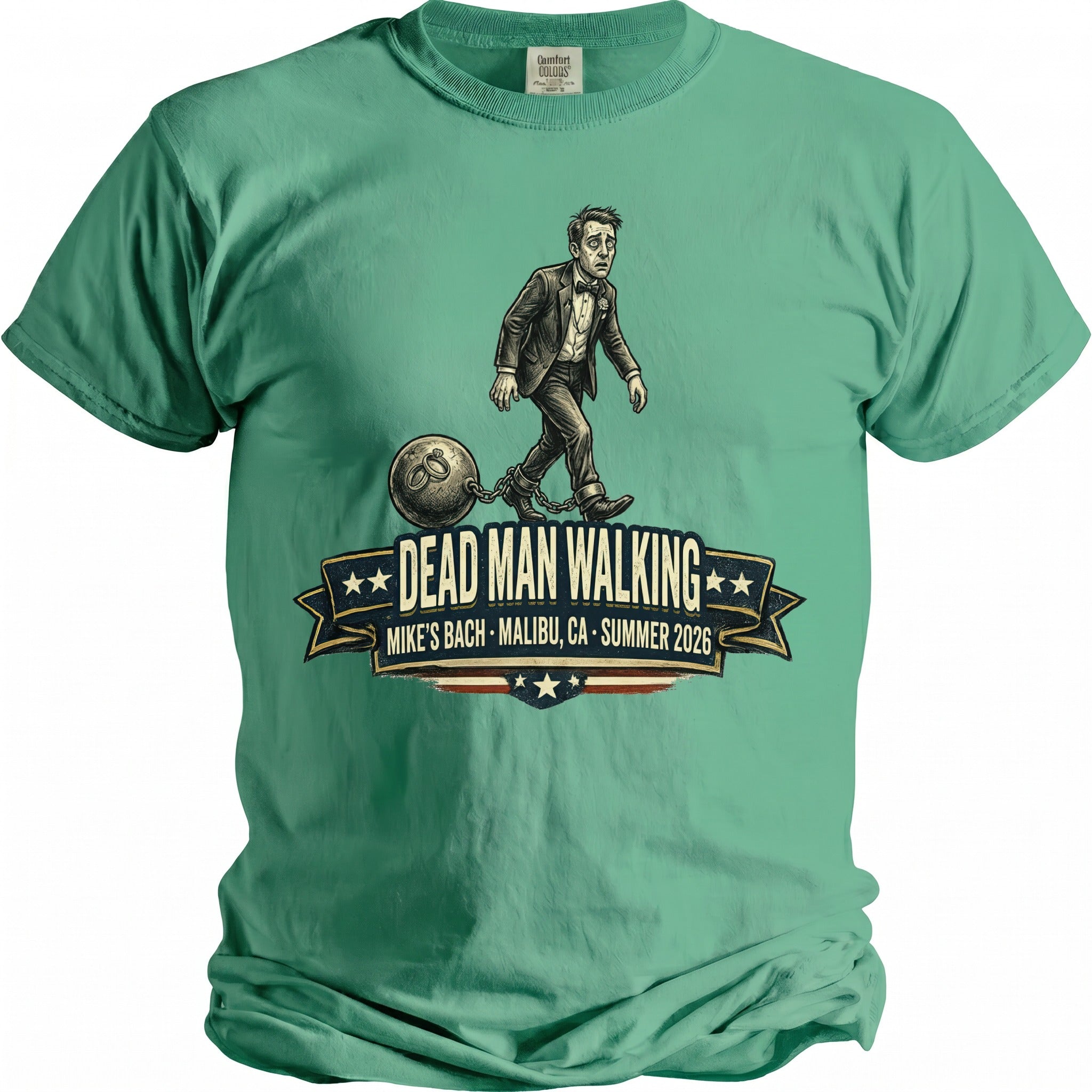 Green t-shirt with illustration of man chained to wedding rings, reading "Dead Man Walking".